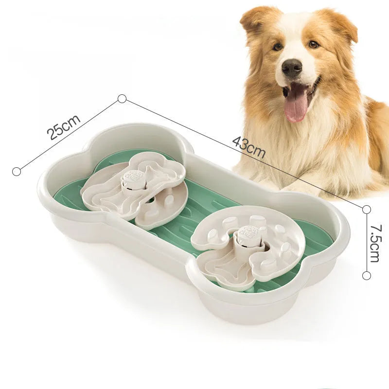 Large green dog slow feeder bowl with three rotating trays showing wave and groove patterns