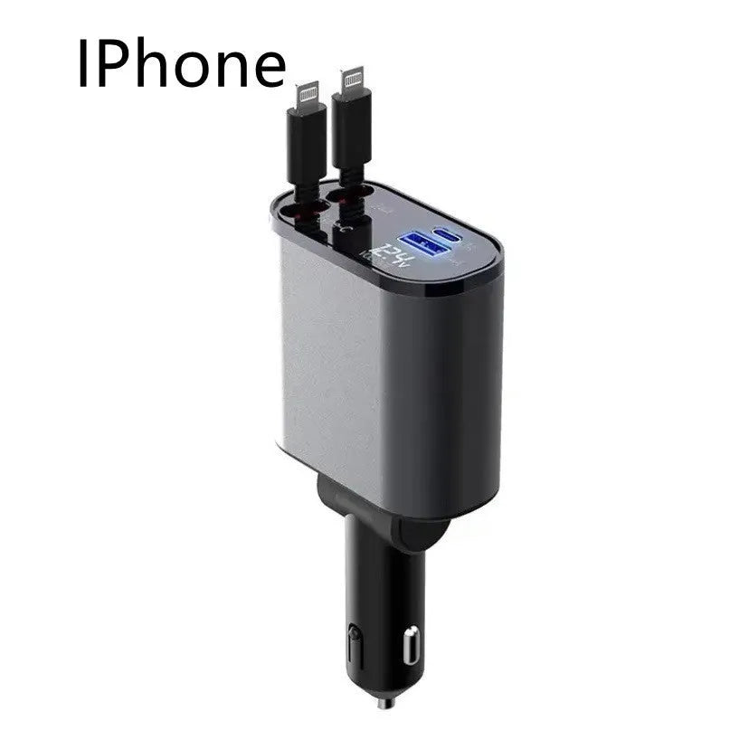 100W metal car charger with retractable cable and adjustable head for fast mobile charging in a car