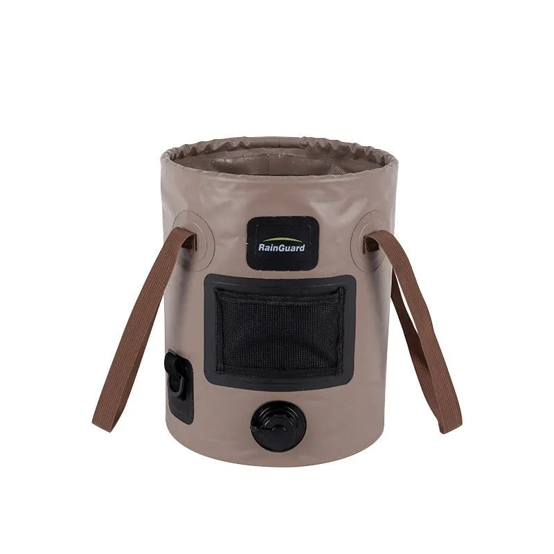 Plastic folding fishing bucket showing collapsible design and colour options with optional net pocket