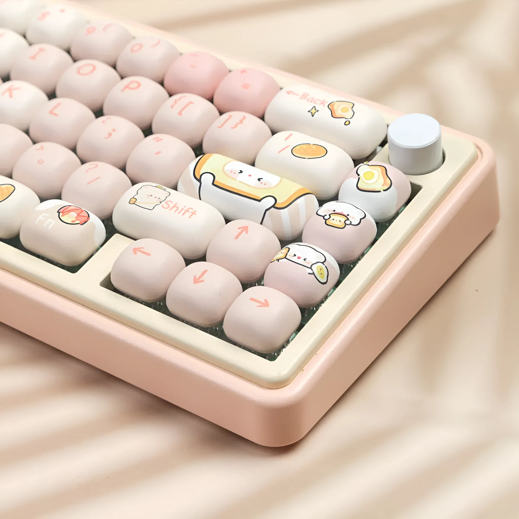 MOG profile PBT keycap set with steamed bread and bear design, 143 keys laid out.