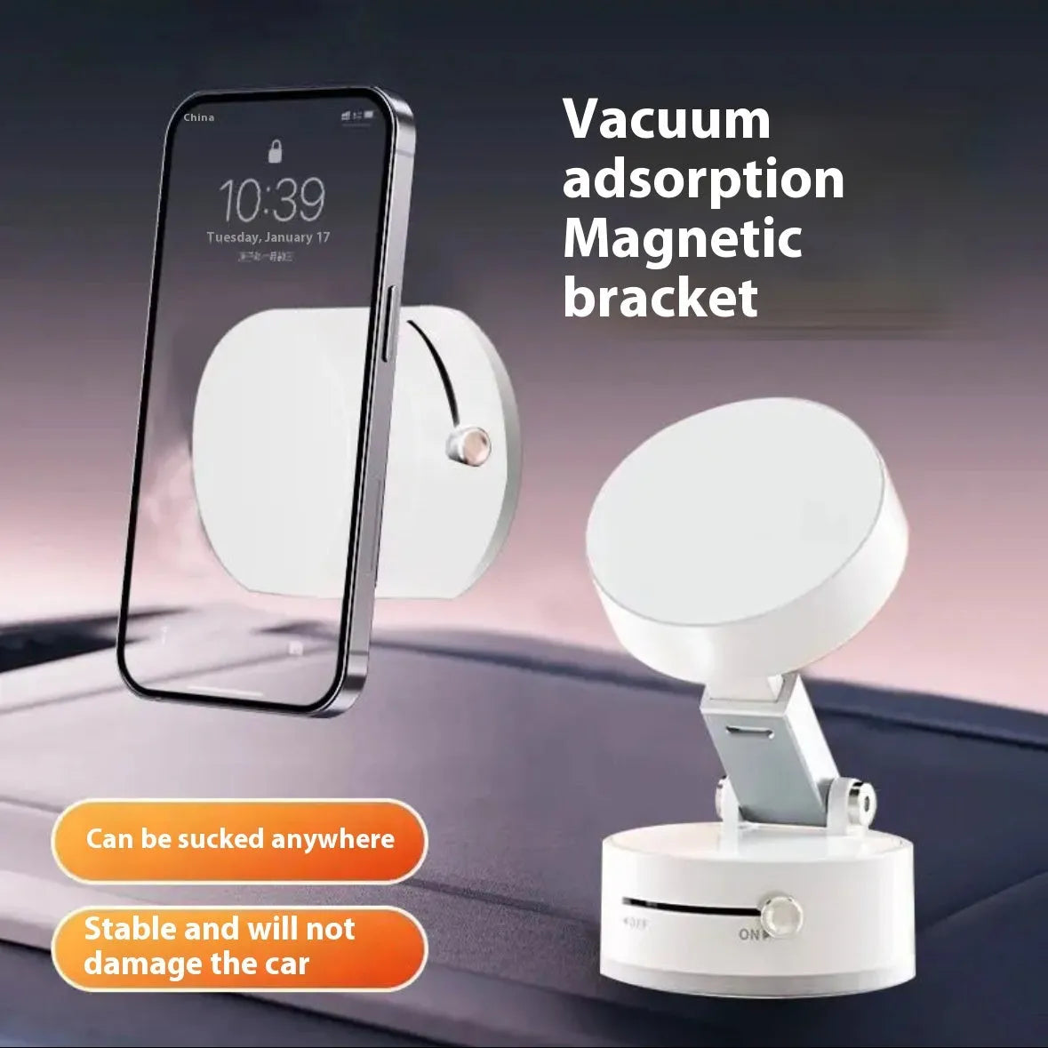 Vacuum magnetic suction phone bracket in black for car dashboard or desk use