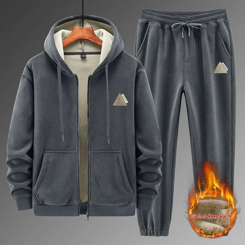 Men's grey cashmere hooded sweater and cotton pants casual sports suit set on hanger