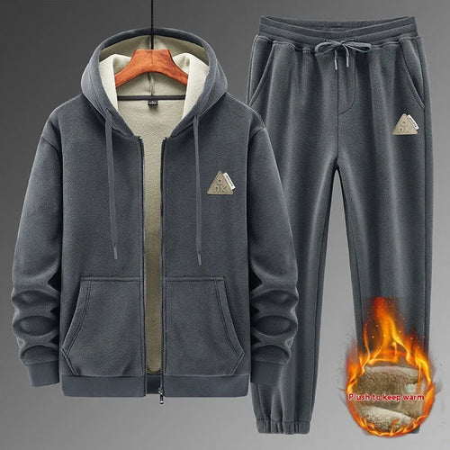 Men's grey cashmere hooded sweater and cotton pants casual sports suit set on hanger