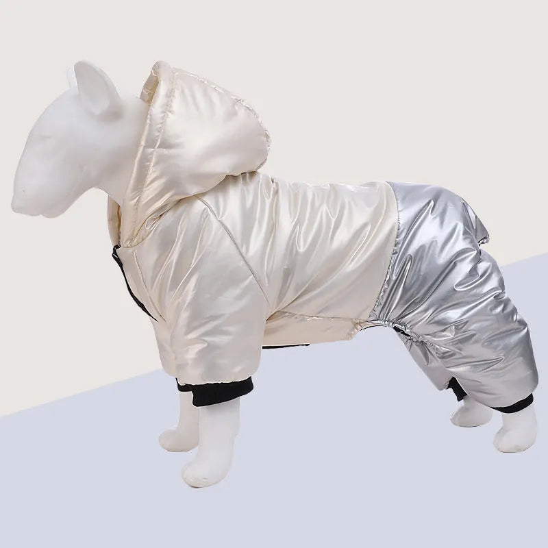 Waterproof windproof cotton-padded dog clothes with four-legged design in green, pink, or white colours
