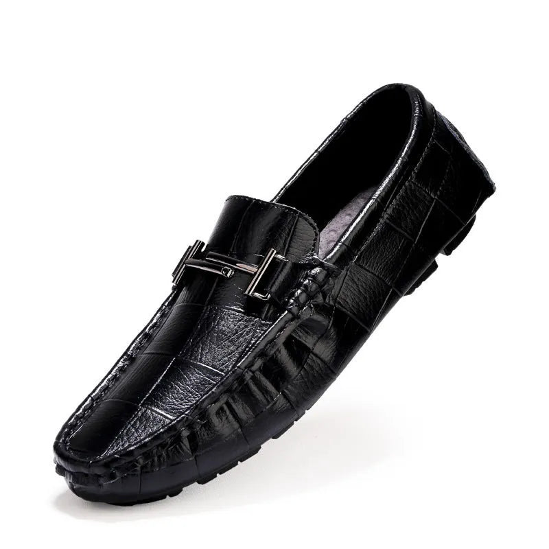 Men's casual leather shoes with belt buckle in black, blue, bronze, and white colours