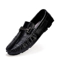 Men's casual leather shoes with belt buckle in black, blue, bronze, and white colours