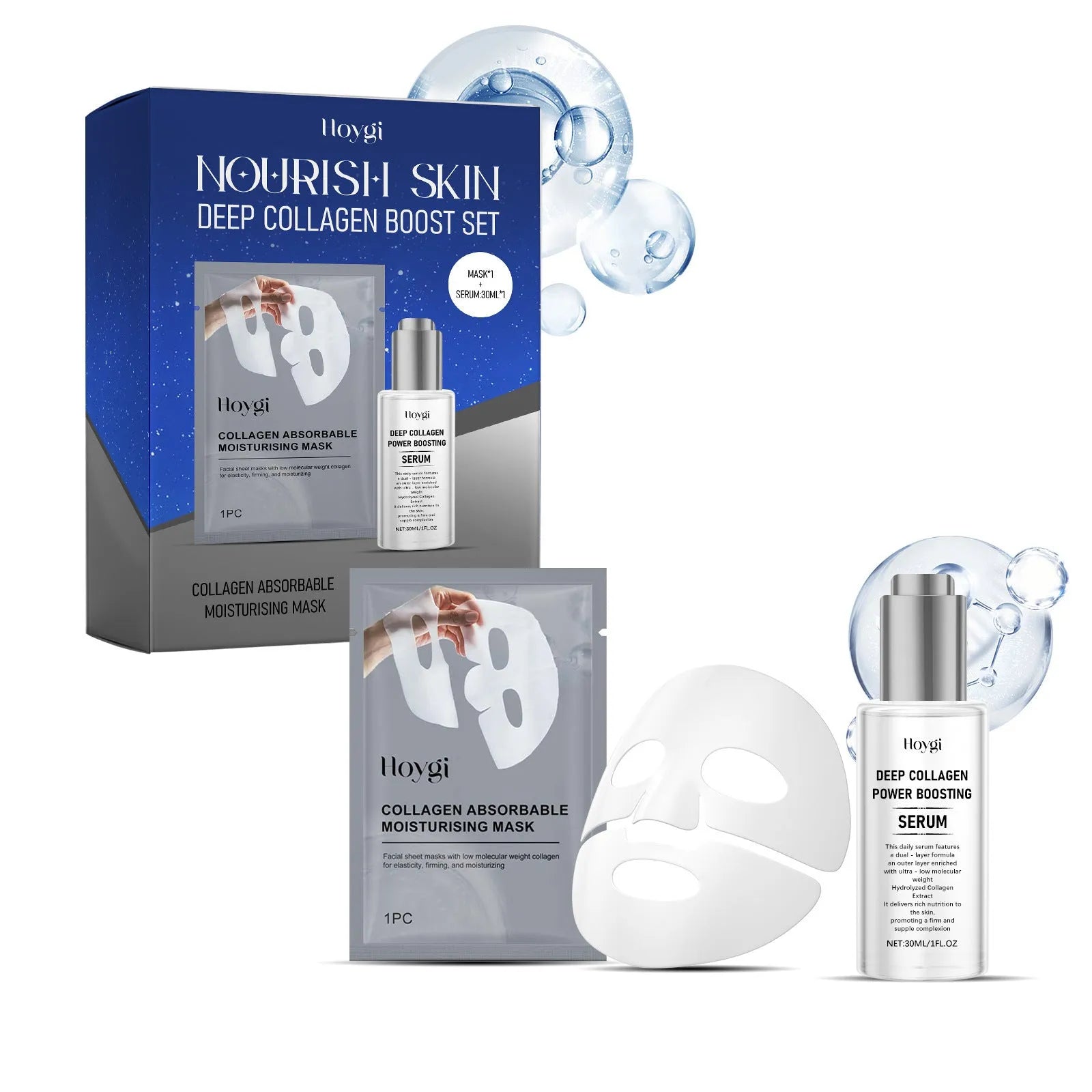 Collagen moisturising suit with facial mask and 30ml essence container for skin hydration