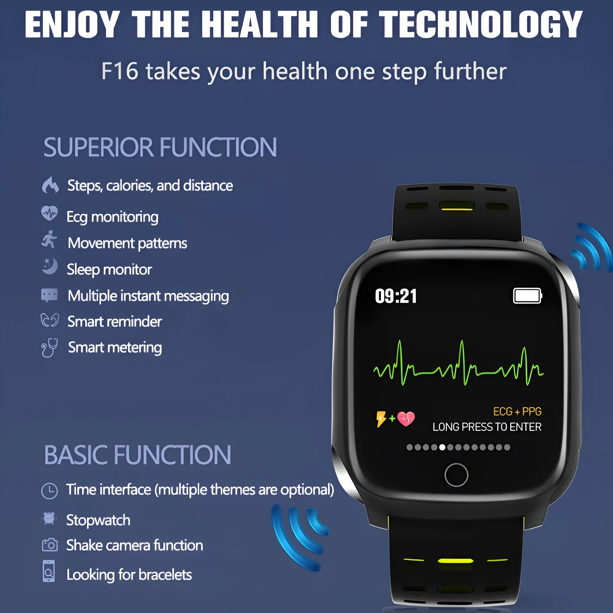F16 Smart Watch with ECG monitor on a black green silicone wristband, showing touch screen display.