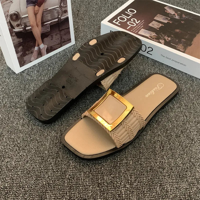 Women's casual apricot flat slippers with a waterproof PVC sole for summer.