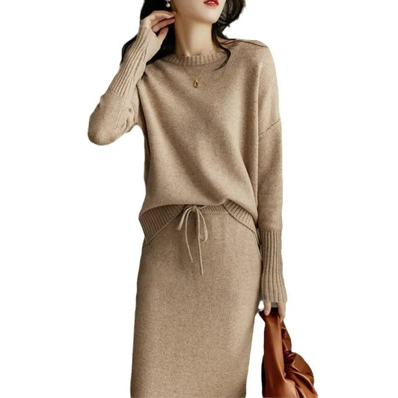 Coffee-coloured knitted two-piece set for women with long sleeve loose top and mid-length skirt