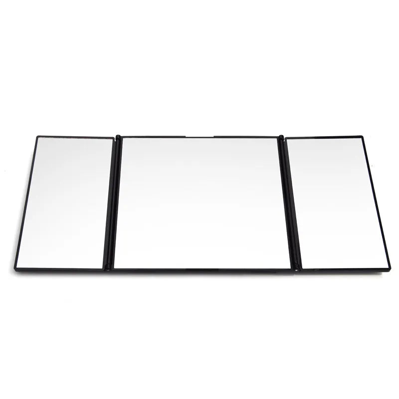Silver folding car visor makeup mirror shown open and closed