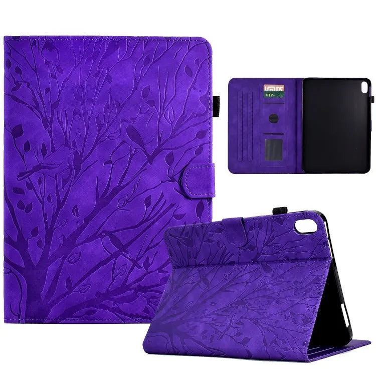 Imitation leather tablet protective case with integrated stand in black colour, shown next to a tablet.