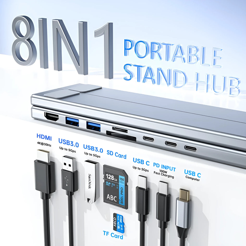 Aluminium folding laptop docking station with eight-port hub including HDMI interface