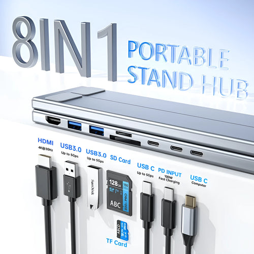 Aluminium folding laptop docking station with eight-port hub including HDMI interface