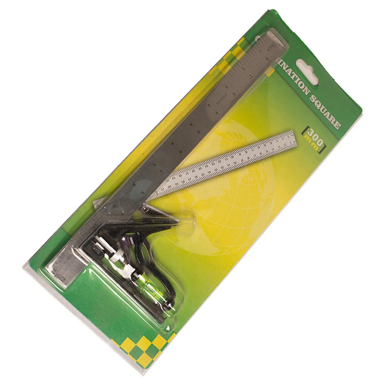 Red thin 7-inch metal combination angle ruler with metric scales on both sides