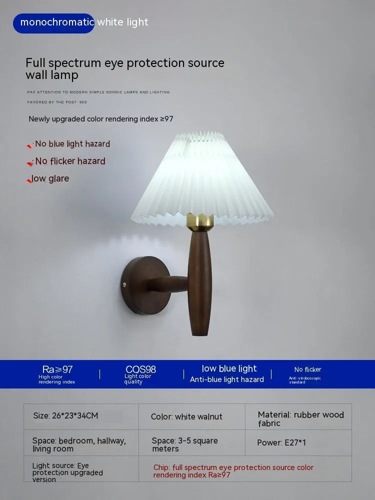 Retro style wall lamp with rubber wood base and fabric shade in walnut finish