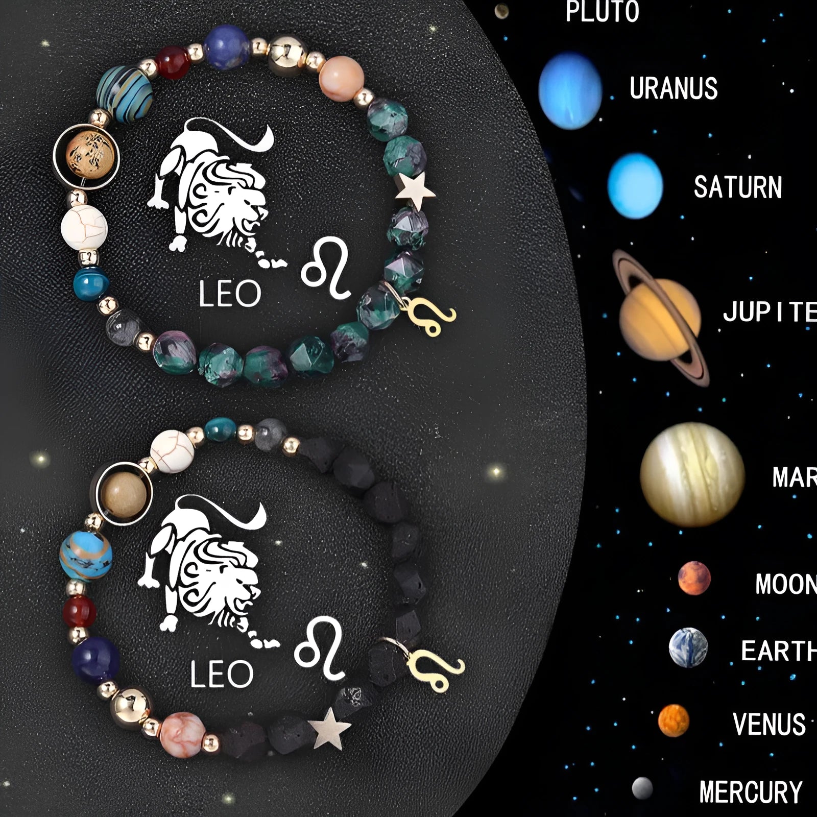 Set of twelve natural stone beaded bracelets with zodiac sign charm pendants on a white background.
