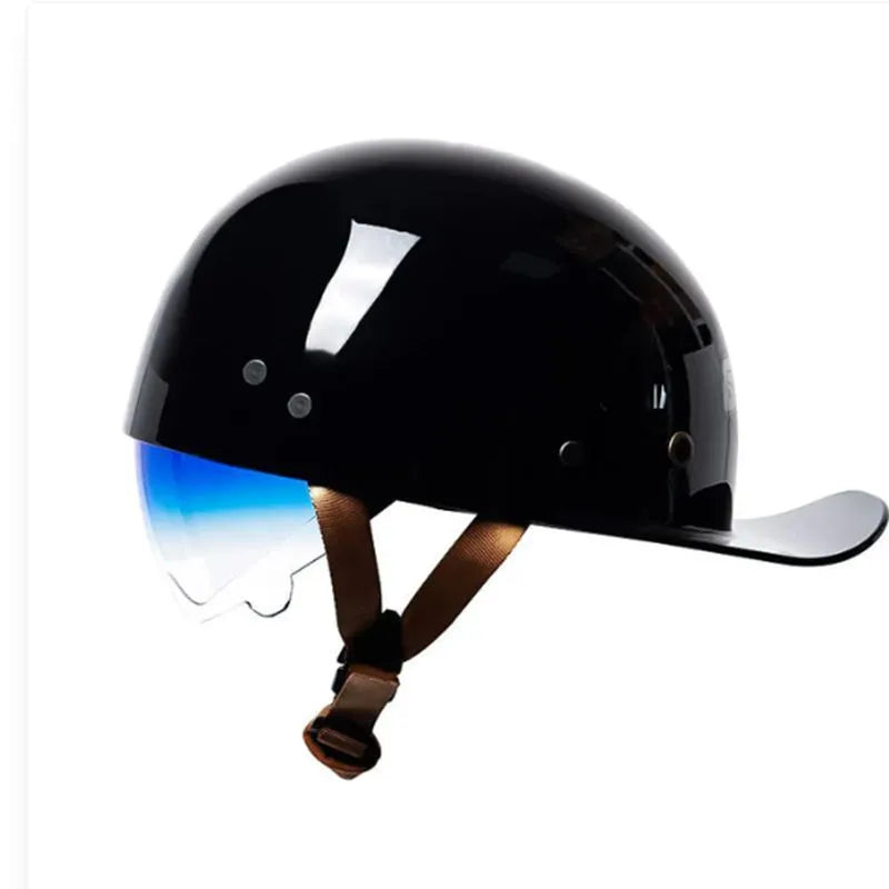 Men's electric bicycle retro half helmet in bright black gradient blue colour with visor