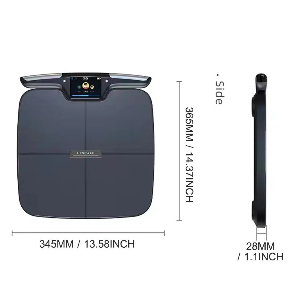 Black eight-electrode intelligent body fat and weighing scale for home use.