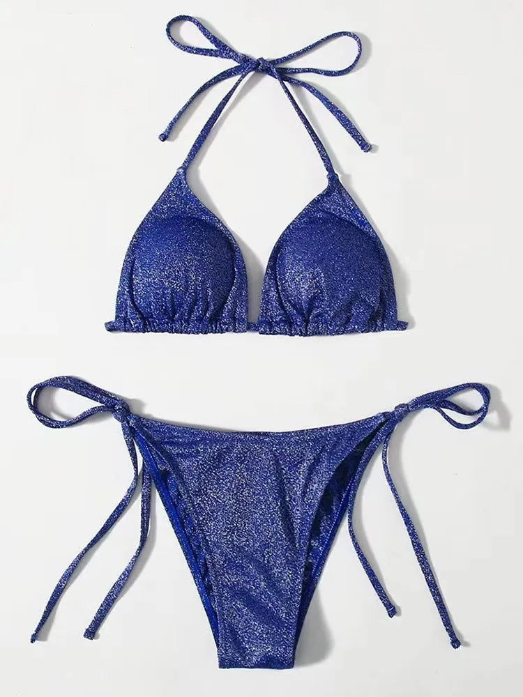 Women's bandage style bikini swimsuit in multiple colours on a size chart.