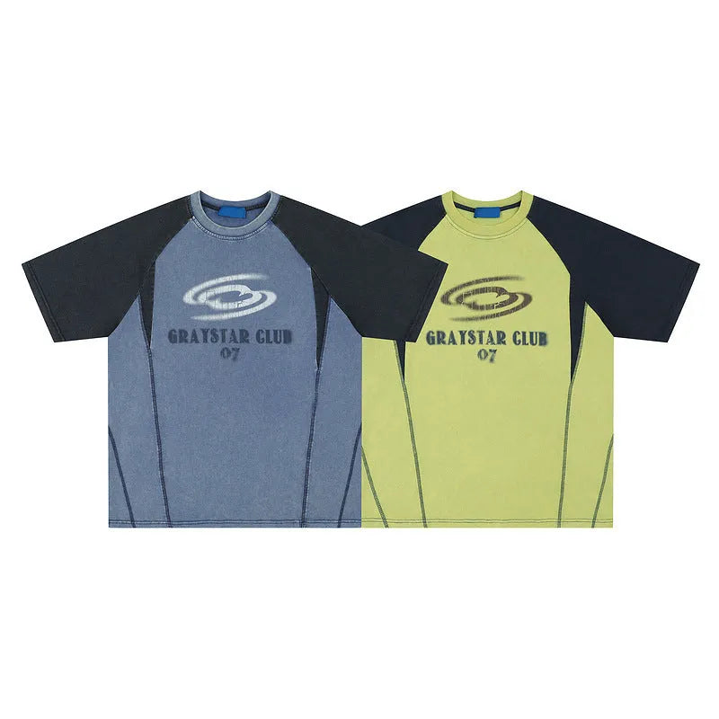 Blue men's t-shirt with white hip hop letter print and raglan sleeves