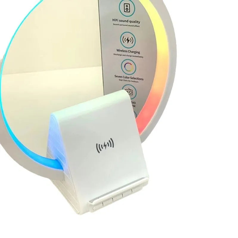 White smart Bluetooth speaker with wireless charging pad and ambient lighting measuring 225mm wide