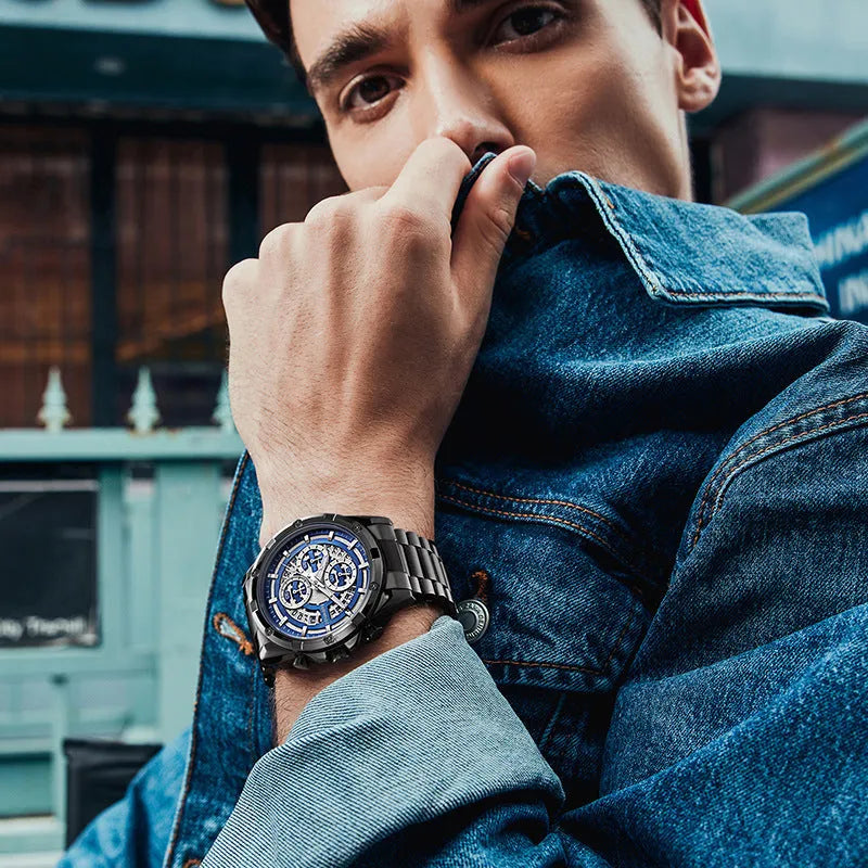 Men's waterproof luminous quartz watch with steel belt in black and blue, black and gold, or silver and white.
