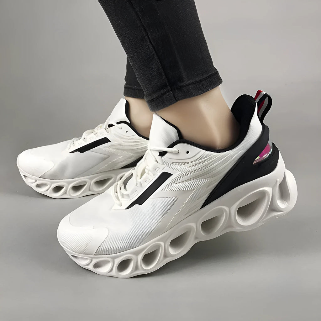 Men's black mesh casual sports shoes with white EVA sole and lace-up front on a white background.