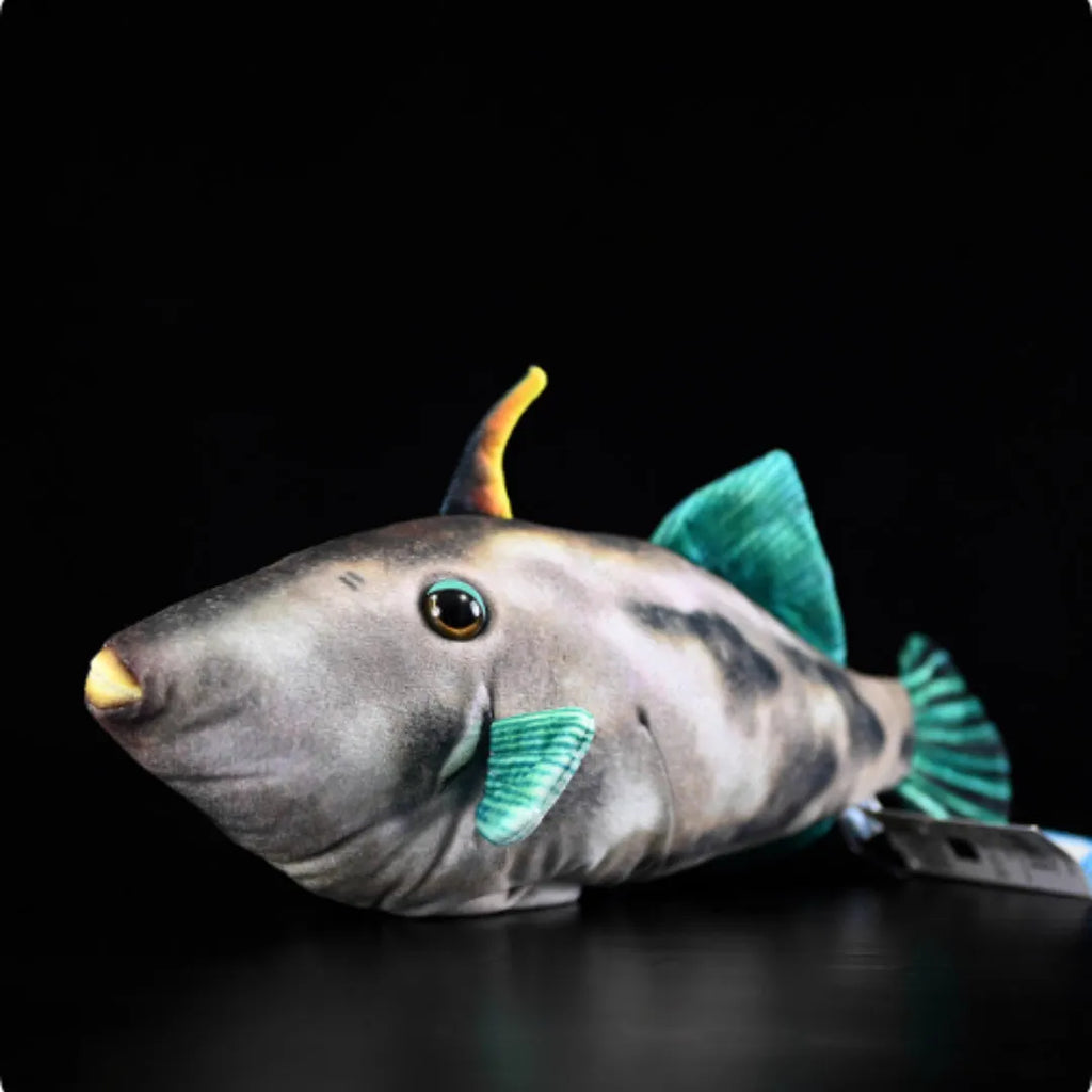Simulation green fin pufferfish plush toy 42cm flannel soft doll on display