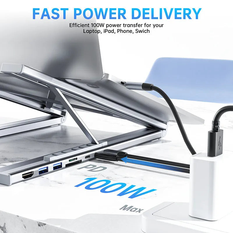 Aluminium folding laptop docking station with eight-port hub including HDMI interface