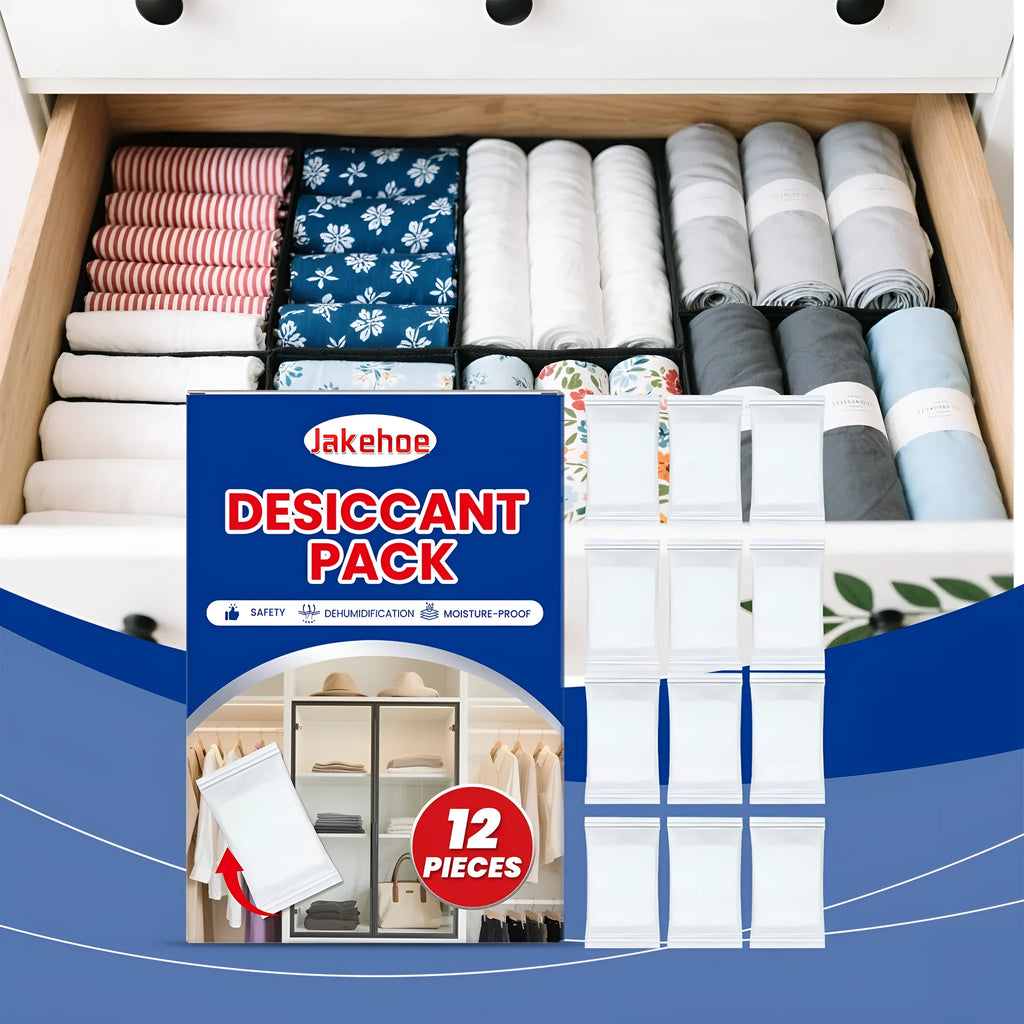 Set of 12 white anti odour desiccant packs for absorbing moisture in wardrobes and cupboards.