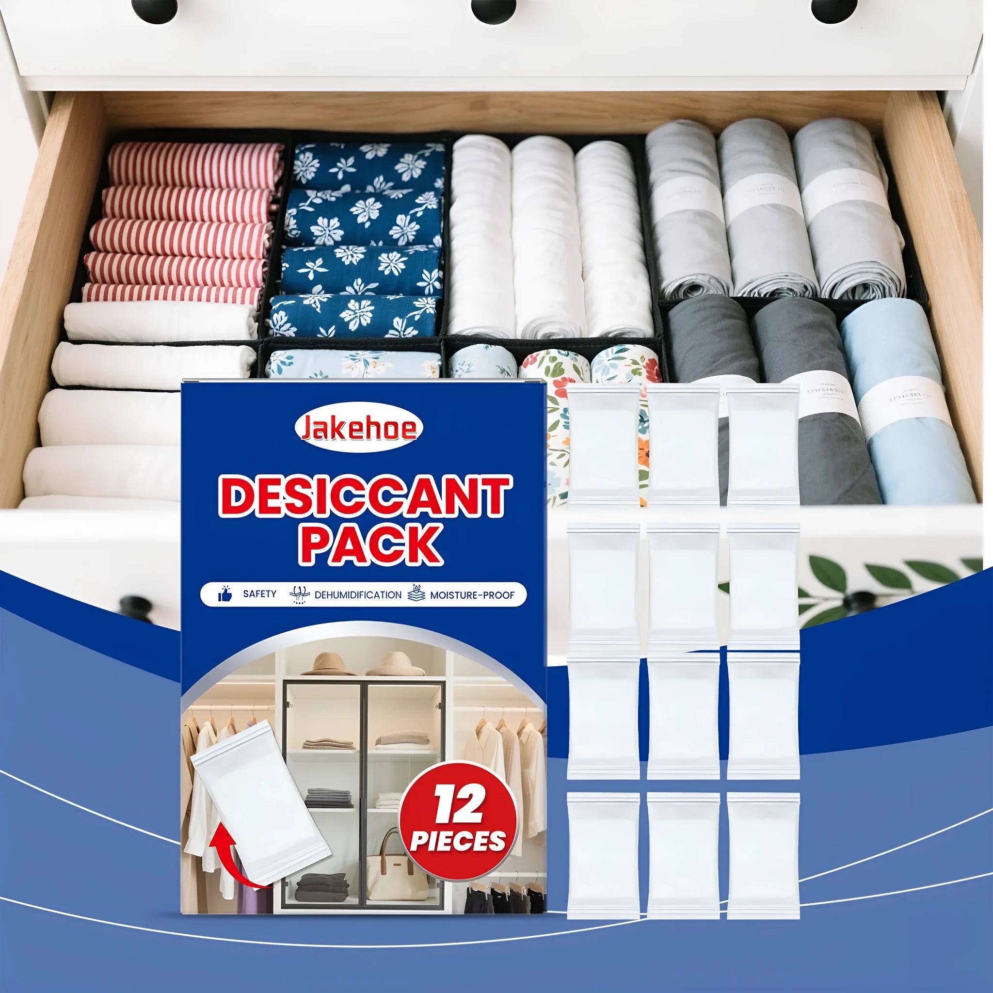Set of 12 white anti odour desiccant packs for absorbing moisture in wardrobes and cupboards.