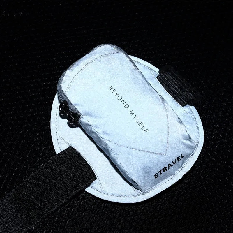 Lightweight reflective running arm bag worn on arm with 7-inch capacity for outdoor sports.