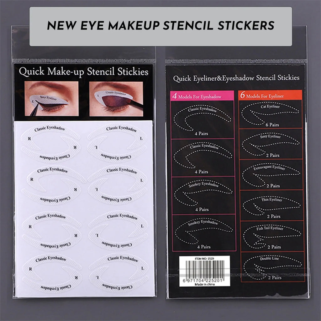Set of four reusable flexible eyeliner and eyeshadow makeup stencil templates on a pink background.