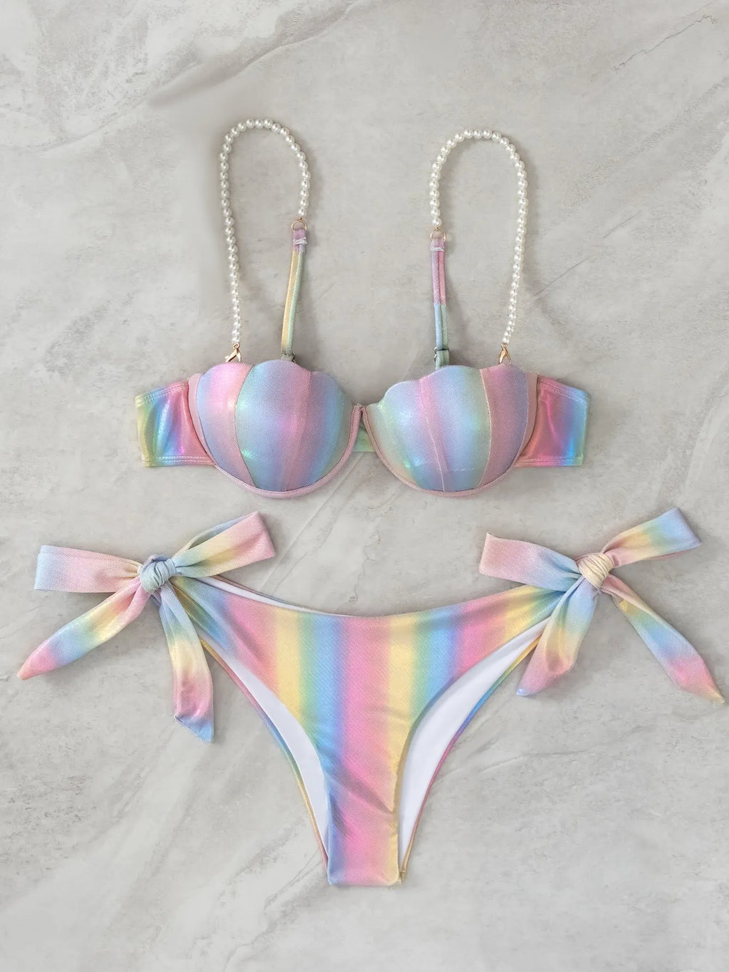 Women's shell rainbow pattern bikini swimsuit with split tied halter top and brief bottom