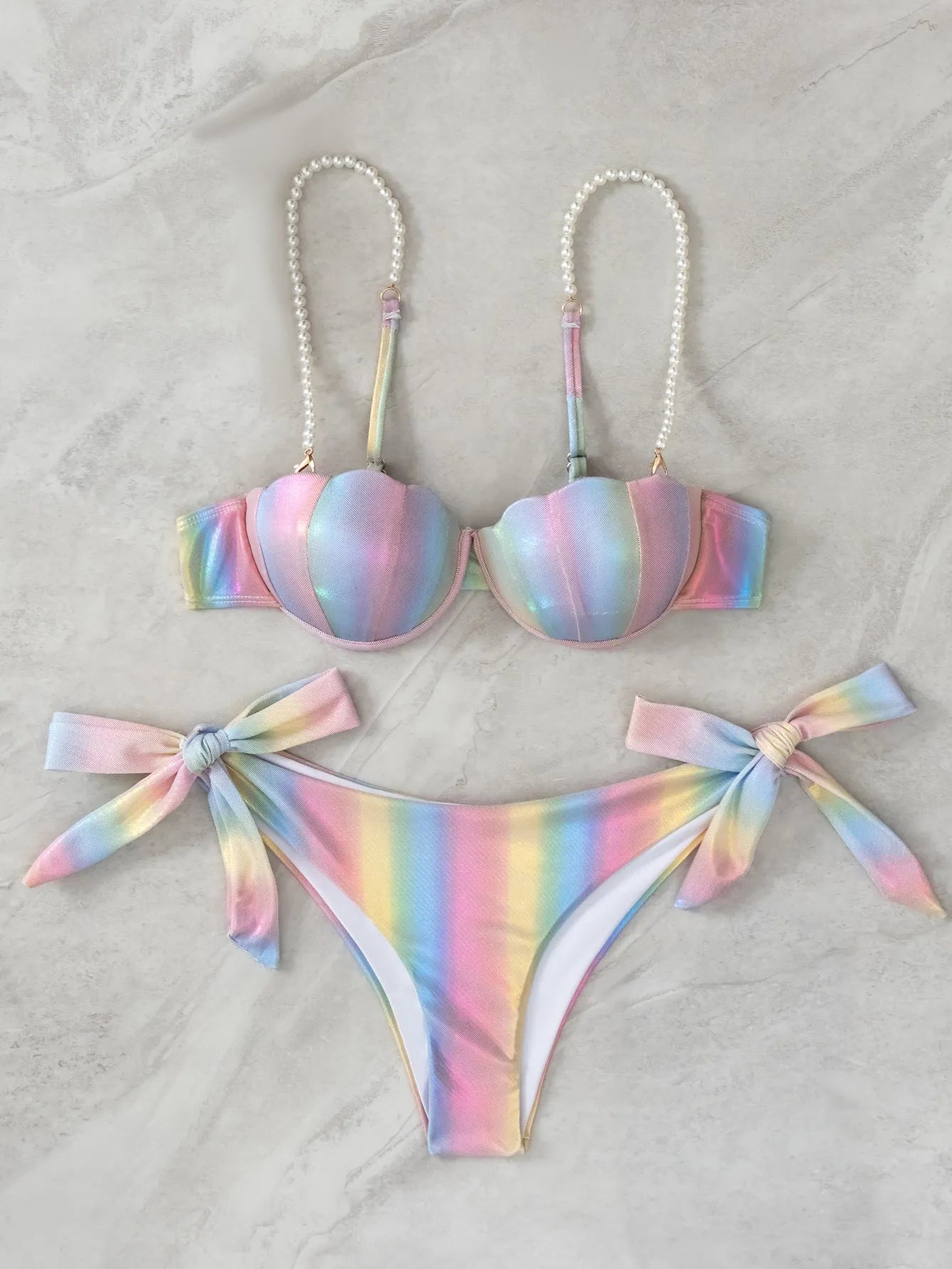 Women's shell rainbow pattern bikini swimsuit with split tied halter top and brief bottom