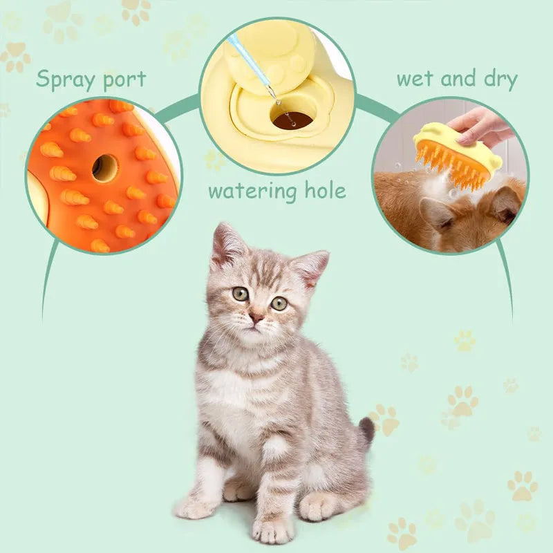White 3-in-1 steam cat brush with pet shape design for grooming tangled hair