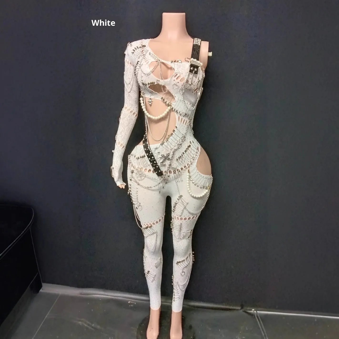 Women's cutout pearl chain sequin jumpsuit in spandex, long sleeve cropped pants, red colour
