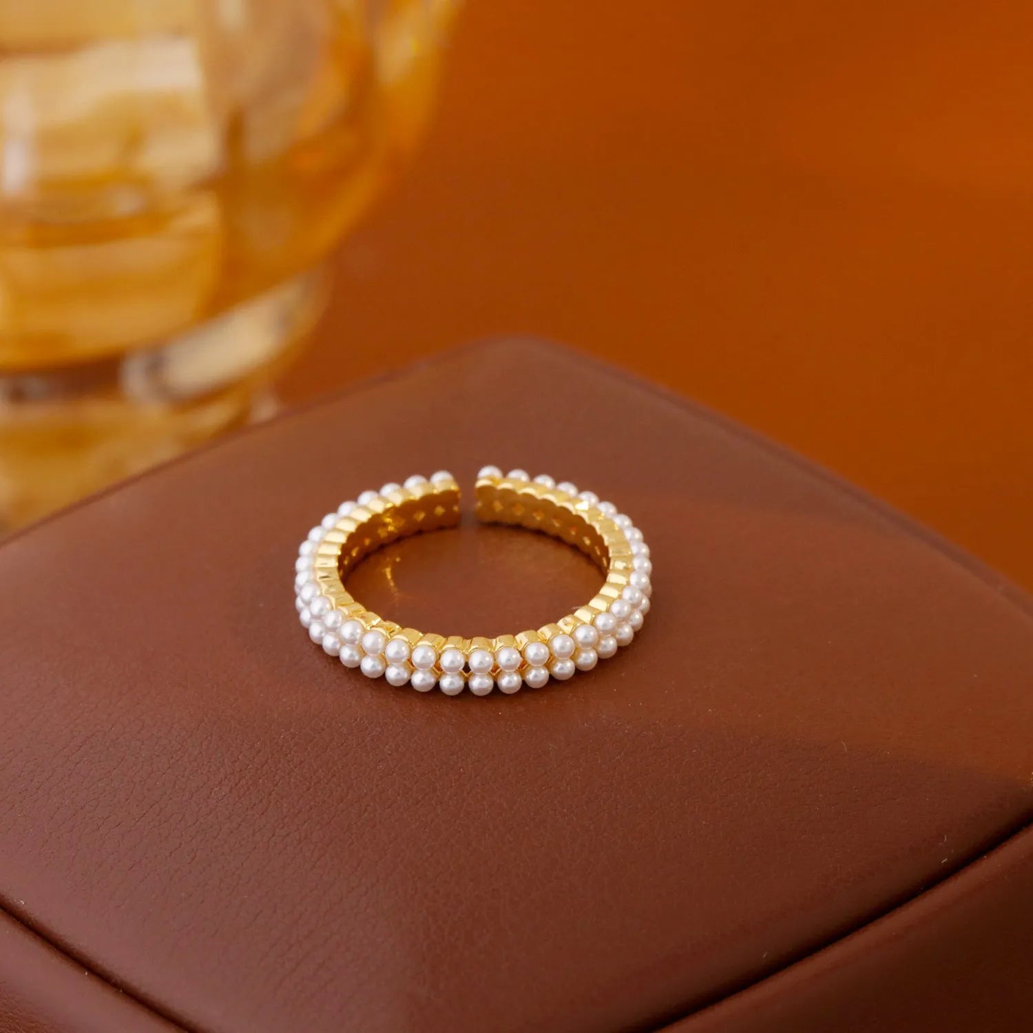 Gold geometric pearl women's adjustable open ring on copper with round elements