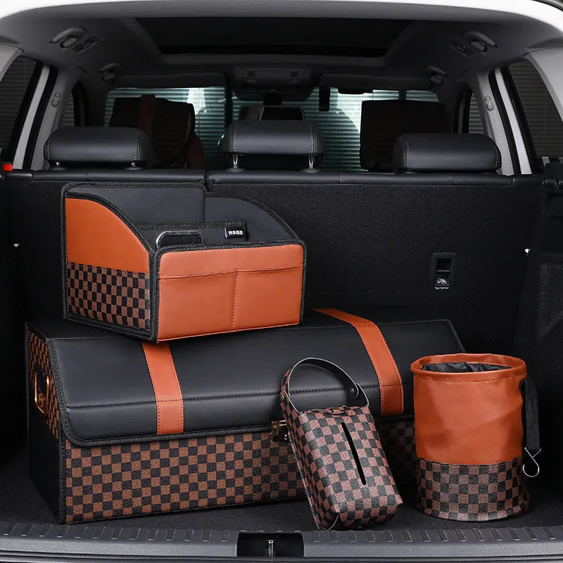 Black leather retractable foldable car trash can with handle shown open and folded.