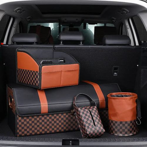 Black leather retractable foldable car trash can with handle shown open and folded.