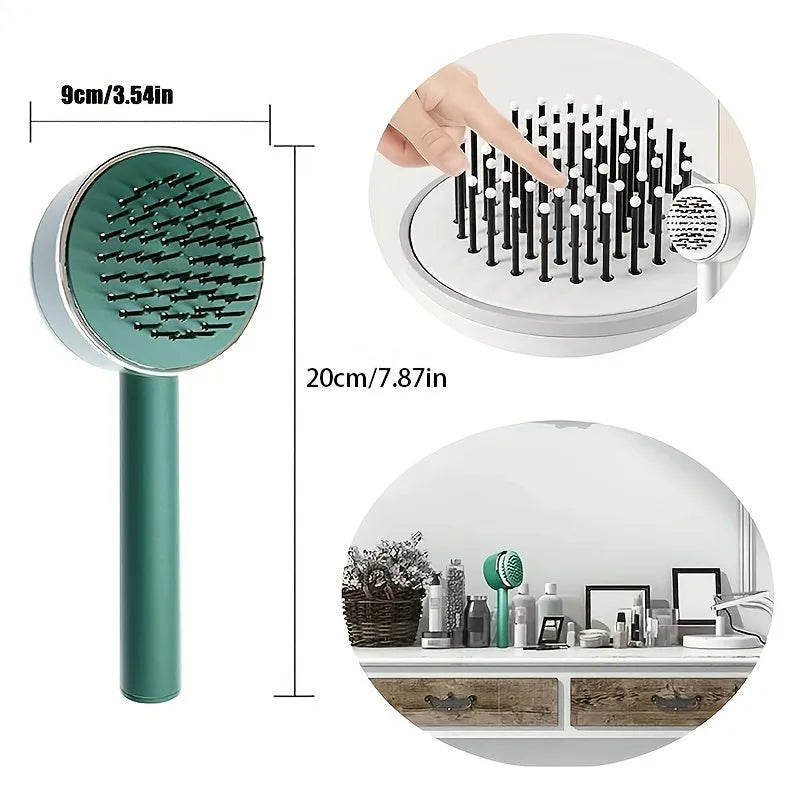 One-key self-cleaning hair brush with 3D air cushion and round-head pins, available in green, pink and white, size 20x9cm