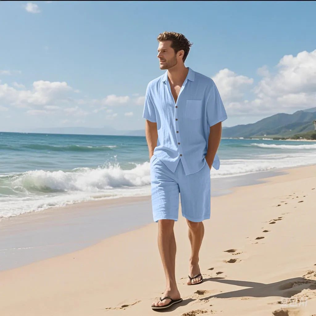 Men's linen blend short sleeve shirt and shorts set in light blue colour
