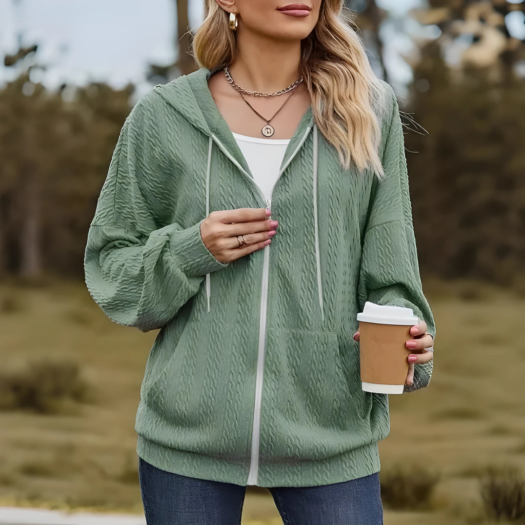 Green women's zip hoodie coat in loose Japanese Korean casual style for autumn and winter