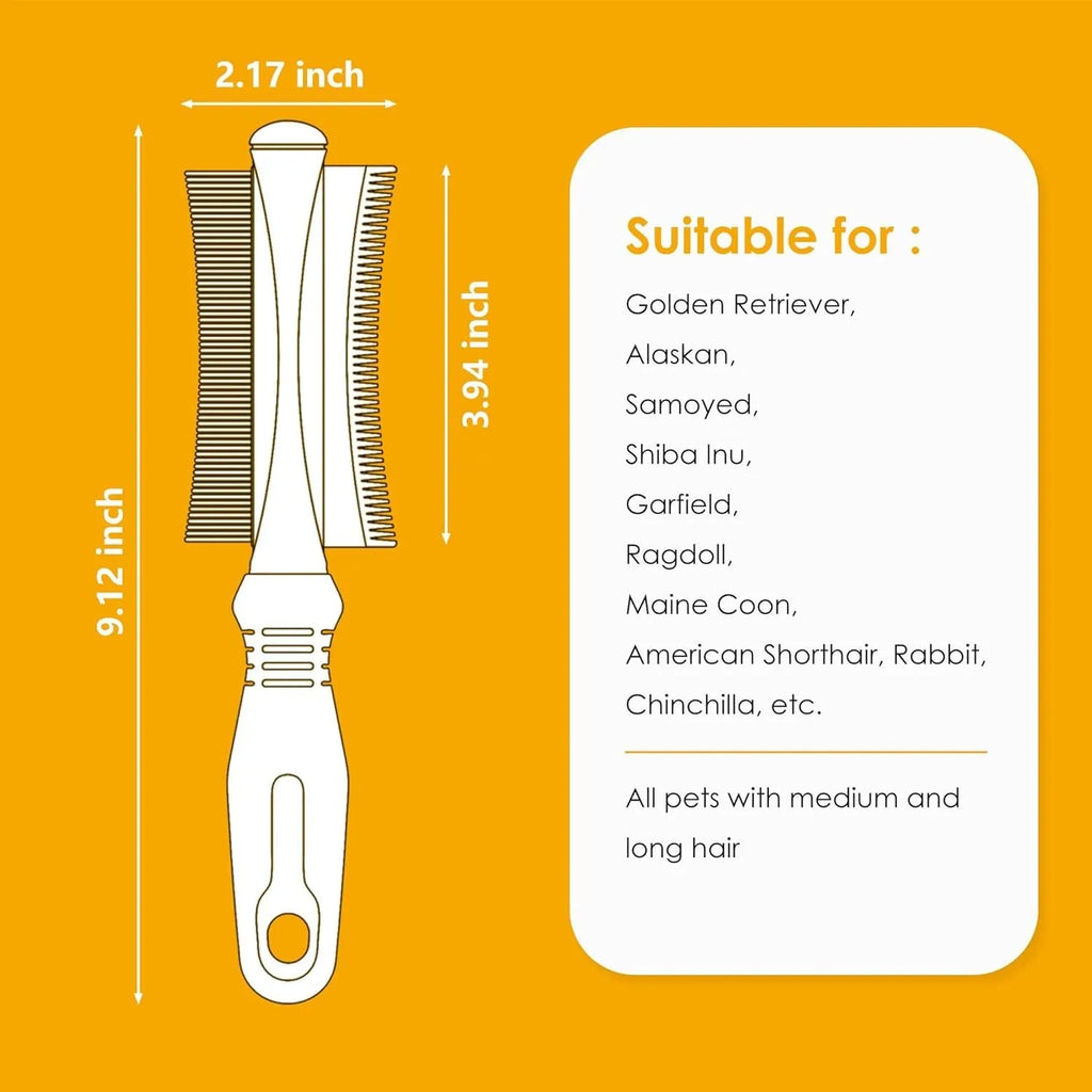 White double-sided pet grooming brush with deshedding and comb functions, curved design, ergonomic handle