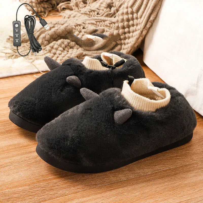 USB electric heating slippers in grey with adjustable temperature control and soft velvet upper.