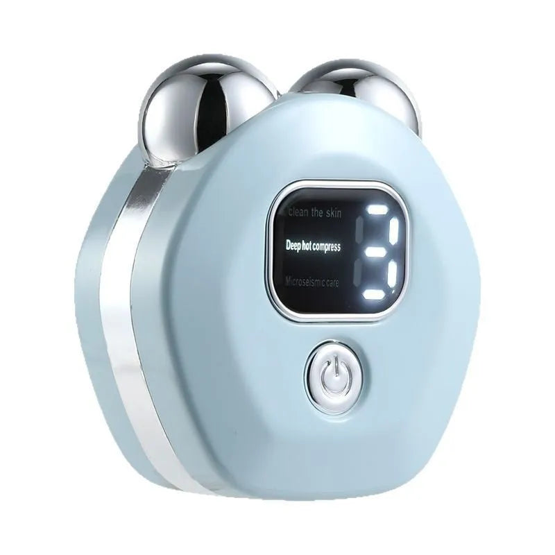 White portable facial massager with double rollers and micro current hot compress function.