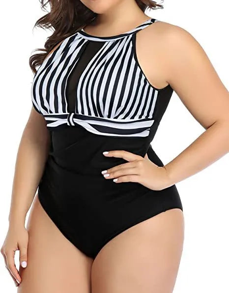 Women's black one-piece swimsuit with lace detail, shown alongside striped and red floral pattern options.