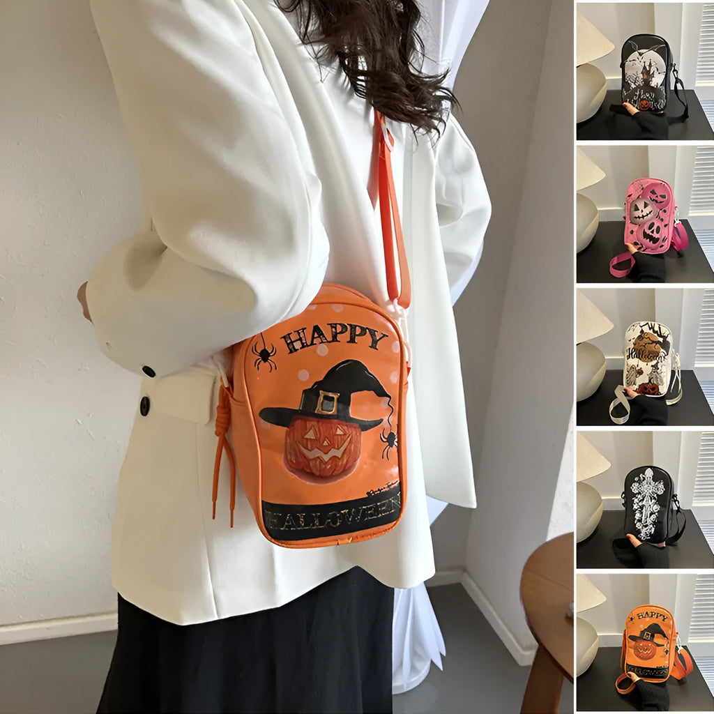 Halloween graffiti phone crossbody bag with cartoon pumpkin ghost bat print