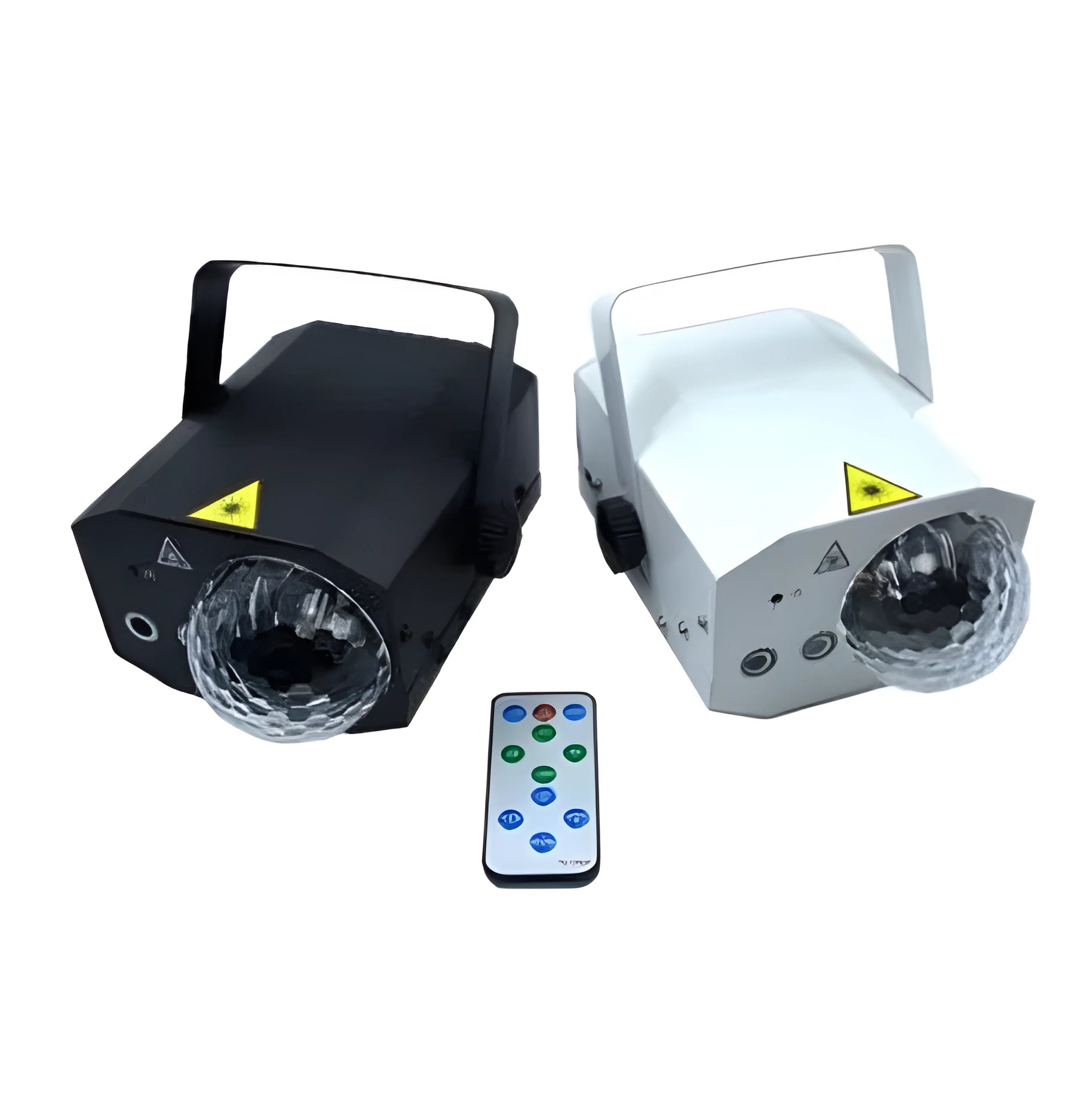 Black or white LED laser magic fan projector measuring 190x130x90mm with dual laser sources
